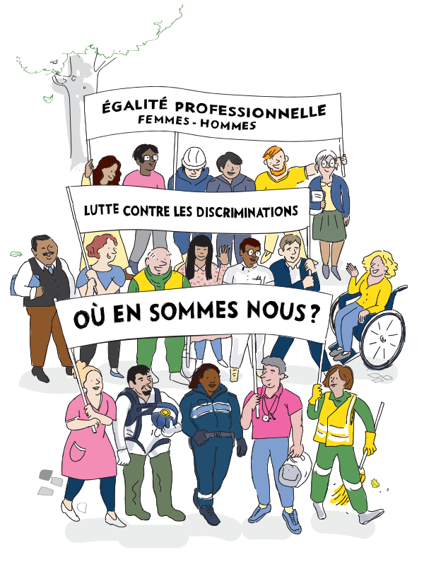 illustration pour une affiche, représentant une manifestation anti discrimination par différents métiers de la mairie de Paris : policier, éboueur, comptable, infirmière, etc.