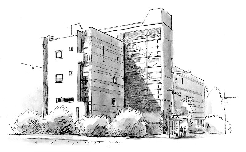 illustration à l'encre d'une vue de Montbéliard